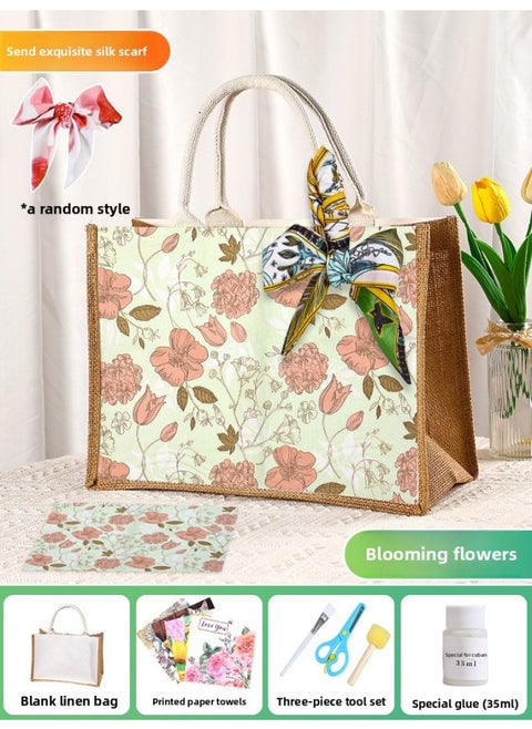 Butterfly Ancient Bart Material Bag Diy Mother's Day Canvas Bag Children's Handmade Creative Linen Bag Group Building Activity Gift-Color:Horizontal Style [flowers Blooming] Comes With A Full Set Of Tools + Detailed Tutorials