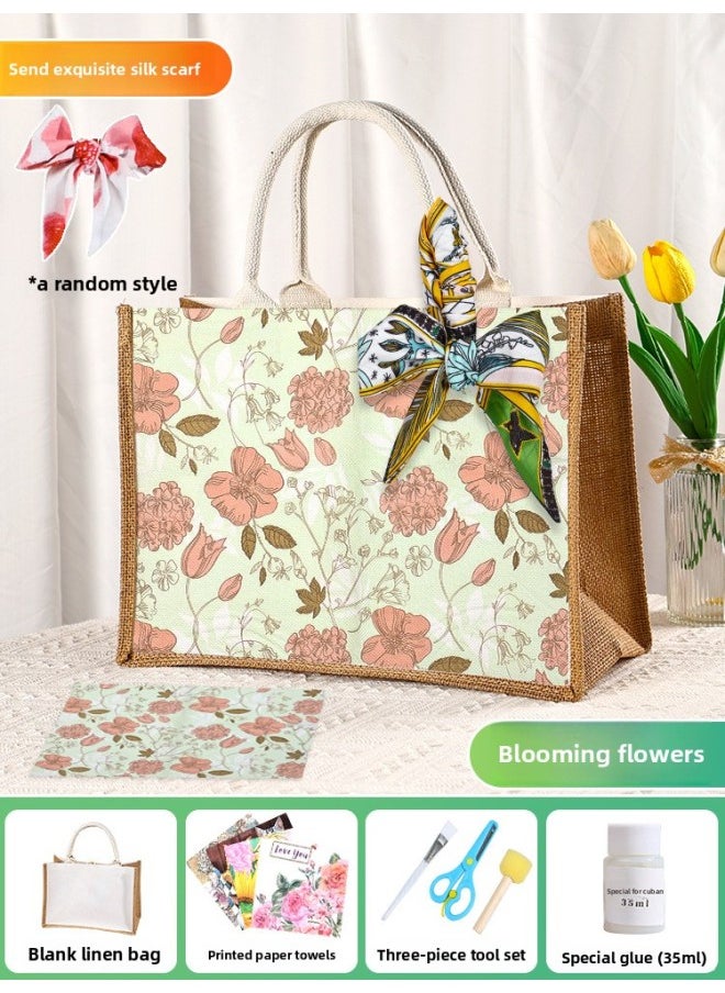 Generic - Butterfly Ancient Bart Material Bag Diy Mother's Day Canvas Bag Children's Handmade Creative Linen Bag Group Building Activity Gift-Color:Horizontal Style [flowers Blooming] Comes With A Full Set Of Tools + Detailed Tutorials - Image 1