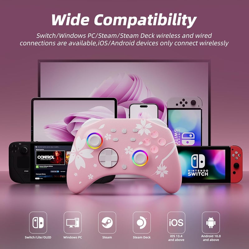 Mytrix Pro Wireless Controller for Switch/Switch Lite/Switch OLED, Bluetooth Controller Controller with Headphone Jack, Turbo, Alarm Clock, 6-Axis Gyro, Adjustable Vibration, Sakura Pink - Image 4
