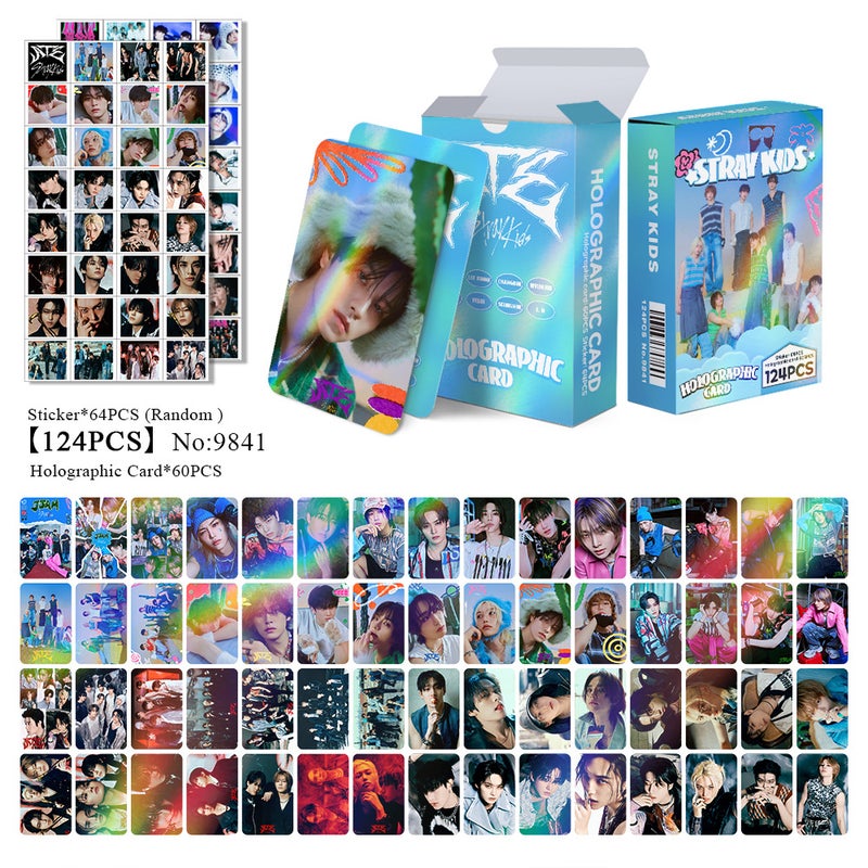 STRAYKIDS 124PCS Holographic Cards & Star Stickers Set – 60PCS Holographic LOMO Cards + 64PCS Random Celebrity Stickers for DIY Scrapbooking, Album Decoration, Journaling, and Birthday Gift for Teens