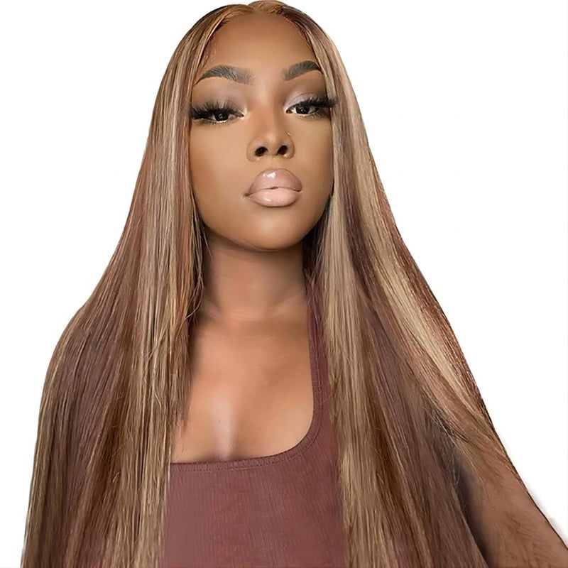 ISEE Wear  Go Glueless Wig Highlight Brown Wigs Silky Straight Preplucked 4x6 HD Transparent 427 Honey Blonde Lace Frontal Wigs 180 Density Colored Straight Human Hair Wigs for Women 26 Inch