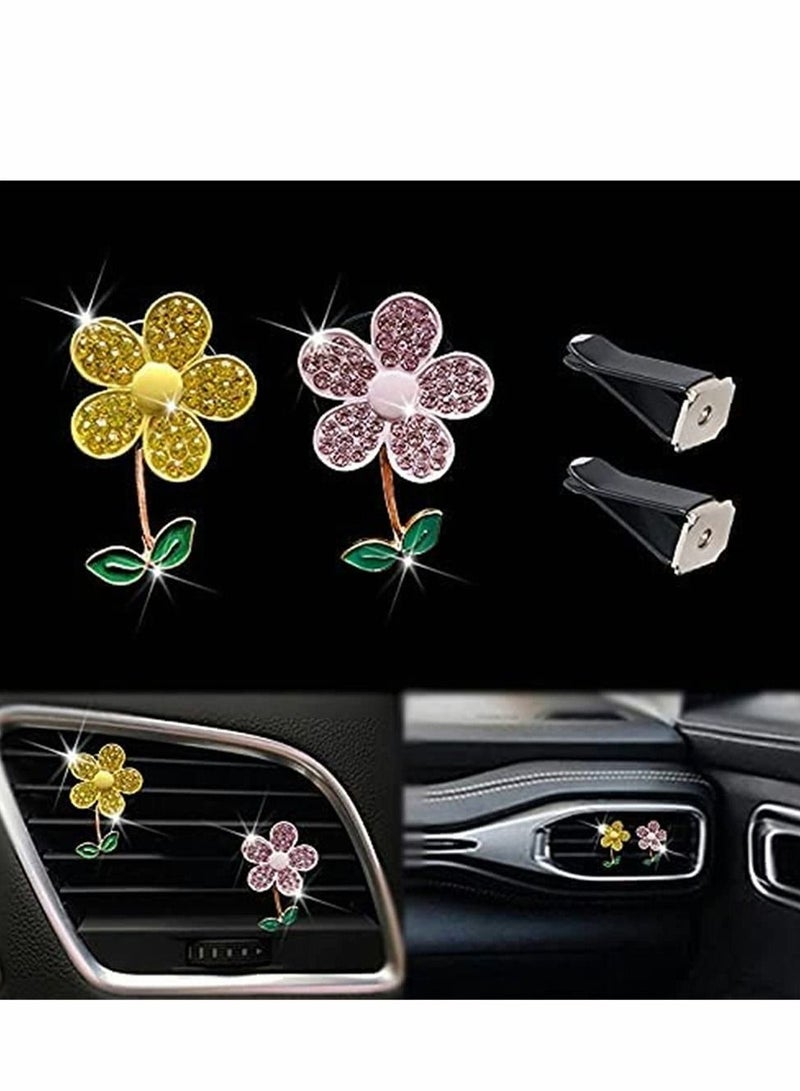 Excefore Sunflower Car air Conditioner Aromatherapy Clip, Sparkling Cute Flower Car Vent Decoration, Helpful For Car Air Circulator, Diamond Car Interior Accessories From Women (2 Pieces, Yellow, Pink) - Image 3