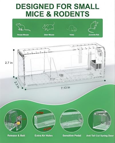AOVSTOXIC Humane Mouse Traps for Home - Reusable No-Touch Live Catch and Release Rodent Trap for Indoors & Outdoors, Garage & Kitchen - Child & Pet Safe Design, Washable Transparent (2 Pack) - Image 3