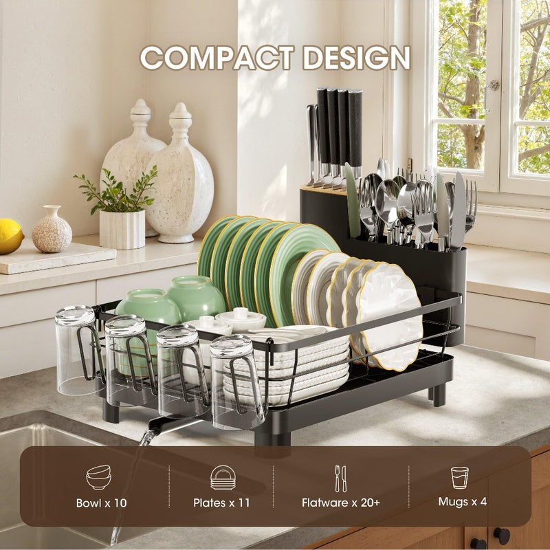 Runnatal Dish Drying Rack, Stainless Steel Dish Rack with Drainboard for Kitchen Counter and Sink, Large Capacity Dish Drainer, Detachable 2-in-1 Utensil Holder, Cup Holder, Black - Image 3