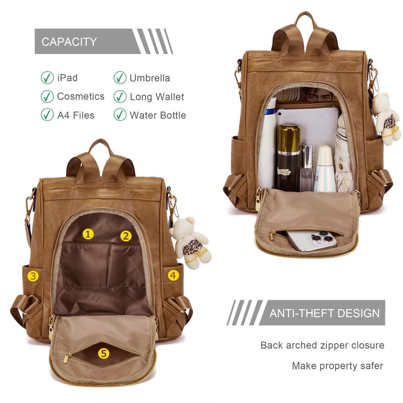 Soperwillton Women Fashion Backpack Purse Anti-Theft Leather Shoulder Bag Travel Multi Pockets Handbag Wallet Set 3pcs - Image 2