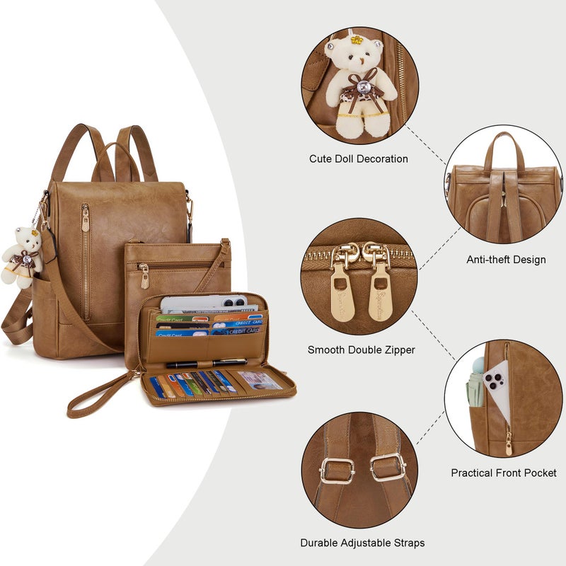 Soperwillton Women Fashion Backpack Purse Anti-Theft Leather Shoulder Bag Travel Multi Pockets Handbag Wallet Set 3pcs - Image 4