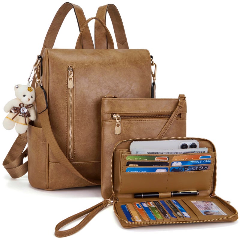 Soperwillton Women Fashion Backpack Purse Anti-Theft Leather Shoulder Bag Travel Multi Pockets Handbag Wallet Set 3pcs - Image 1