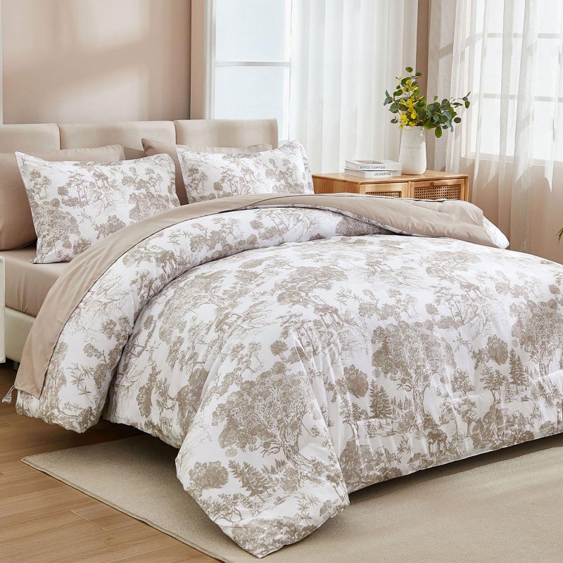 DJY Khaki Comforter Set King, 7 Pieces Bed in a Bag King Size Botanical Comforters with Sheets Elegant Plants Print Soft Microfiber Reversible Complete Bedding Sets for All Season - Image 2