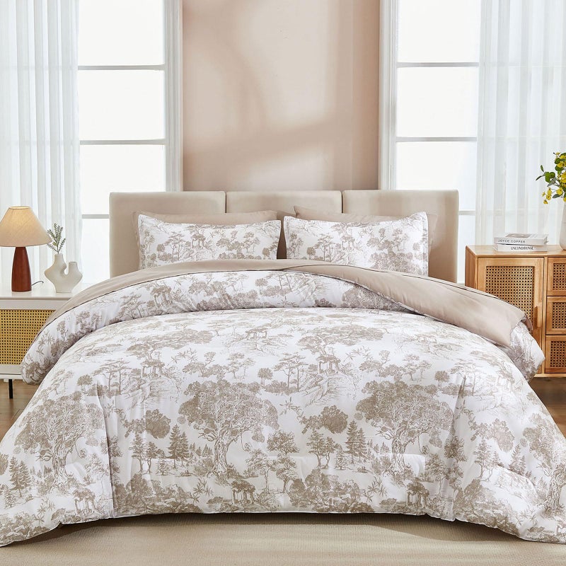 DJY Khaki Comforter Set King, 7 Pieces Bed in a Bag King Size Botanical Comforters with Sheets Elegant Plants Print Soft Microfiber Reversible Complete Bedding Sets for All Season - Image 1