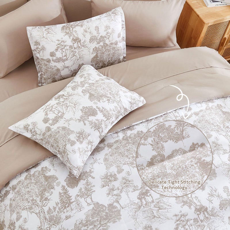 DJY Khaki Comforter Set King, 7 Pieces Bed in a Bag King Size Botanical Comforters with Sheets Elegant Plants Print Soft Microfiber Reversible Complete Bedding Sets for All Season - Image 4