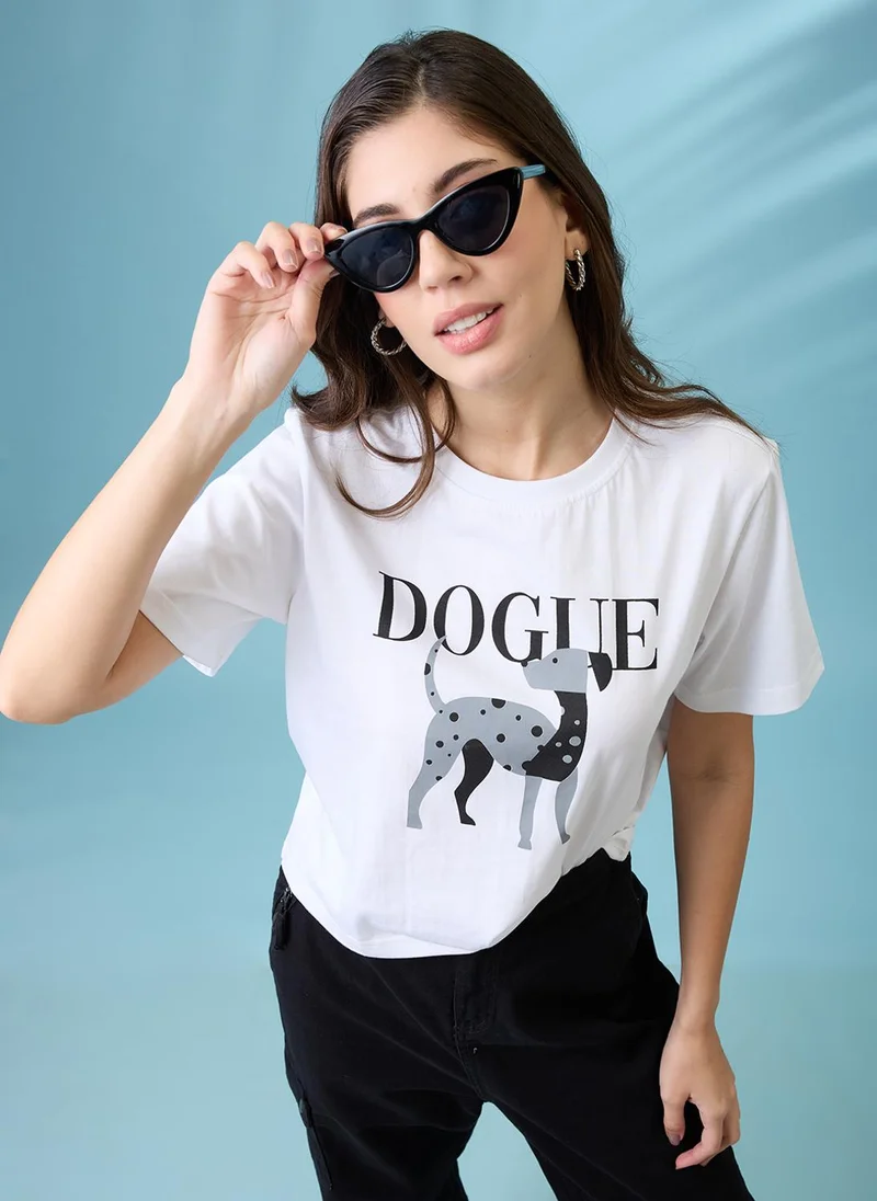 globus Globus Women White Graphic Print Round Neck Short Sleeves Oversized T Shirt