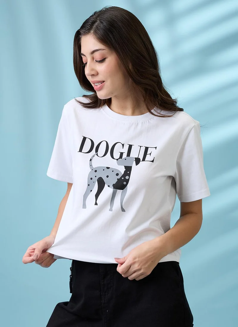 globus Globus Women White Graphic Print Round Neck Short Sleeves Oversized T Shirt