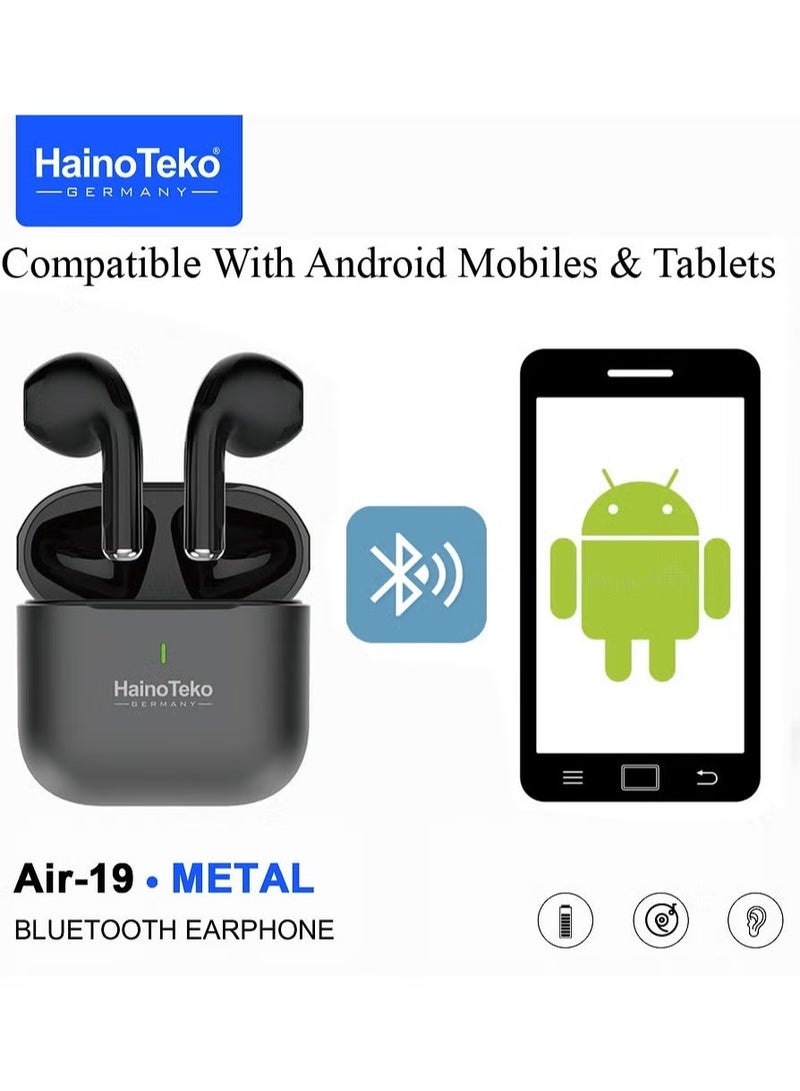 Haino Teko Air-19 Metal True Wireless Bluetooth Earphones with High-Quality Sound, HD Clear Microphone, Touch Controls, and Seamless Compatibility with Android Mobiles & Tablets – Black - Image 4