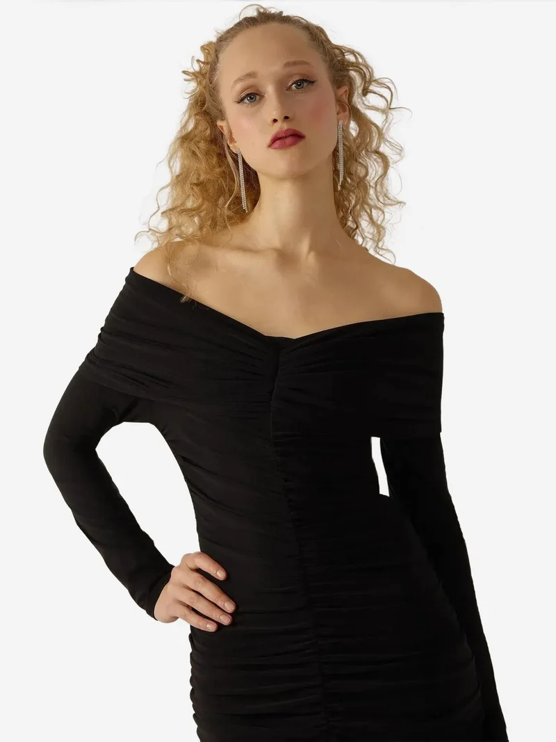 HICCUP Black Off Shoulder Draped Bodycon Maxi Dress for Women | Best Price UAE