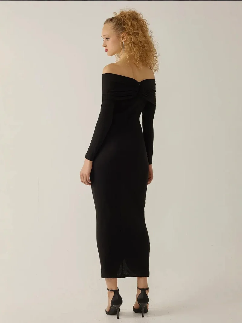 HICCUP Black Off Shoulder Draped Bodycon Maxi Dress for Women | Best Price UAE