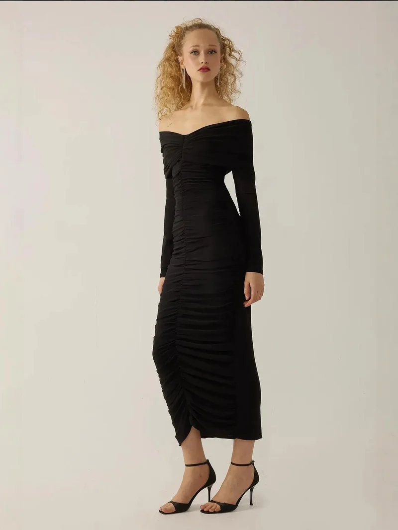 HICCUP Black Off Shoulder Draped Bodycon Maxi Dress for Women | Best Price UAE