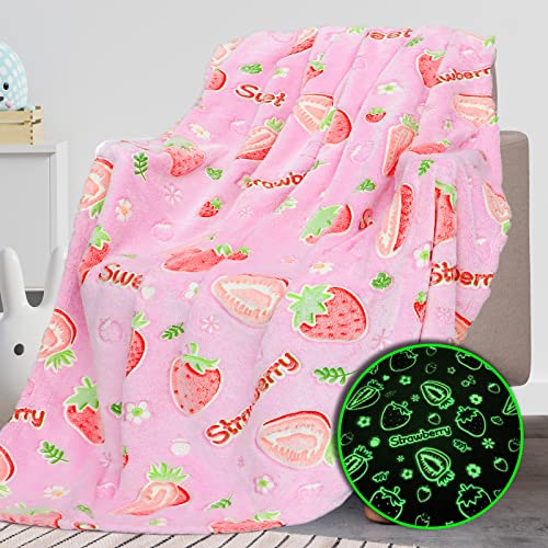REXEO Flannel Throw Blanket, 50 x 60in, Glow in The Dark, Fluorescent Strawberry, Lightweight, Fiber Plush, for Girls Kids, Birthday Christmas Gifts - Image 1