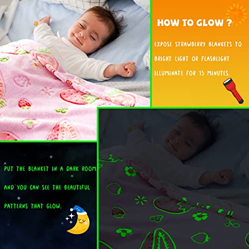 REXEO Flannel Throw Blanket, 50 x 60in, Glow in The Dark, Fluorescent Strawberry, Lightweight, Fiber Plush, for Girls Kids, Birthday Christmas Gifts - Image 3