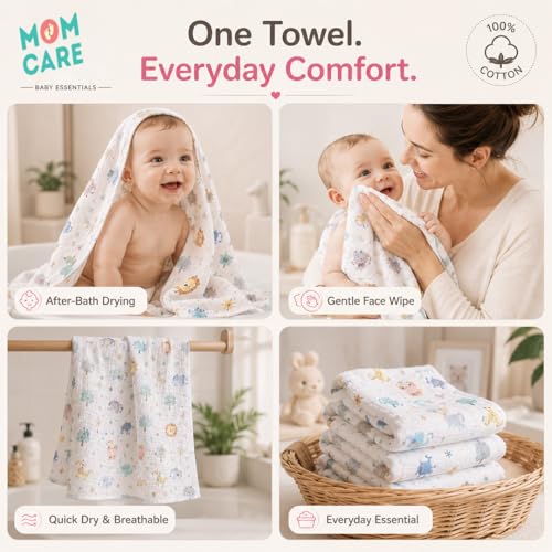 MOM CARE 6 Layer Muslin Baby Bath Towel for Newborn Baby| Ultra Soft Cotton Bath Towel for Babies | Highly Absorbent Quick Dry Muslin Towel for Boys & Girls |Gentle on Skin| 50 x 100 cm| Pack of 1 - Image 4