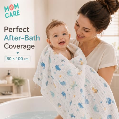 MOM CARE 6 Layer Muslin Baby Bath Towel for Newborn Baby| Ultra Soft Cotton Bath Towel for Babies | Highly Absorbent Quick Dry Muslin Towel for Boys & Girls |Gentle on Skin| 50 x 100 cm| Pack of 1 - Image 3