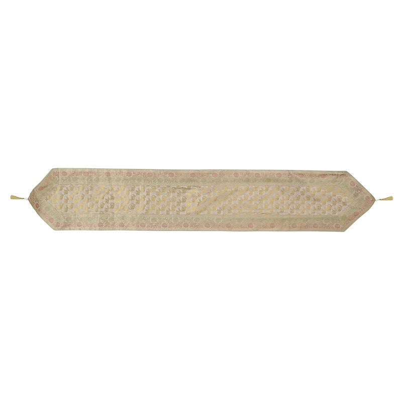 E - Ezra EEZRA Brocade Silk Table Runner for Living Room 4 to 6 Seater Dinning Table V Shape Runner Elephant End Tassels 80 by 14 Inch Grey - Image 2