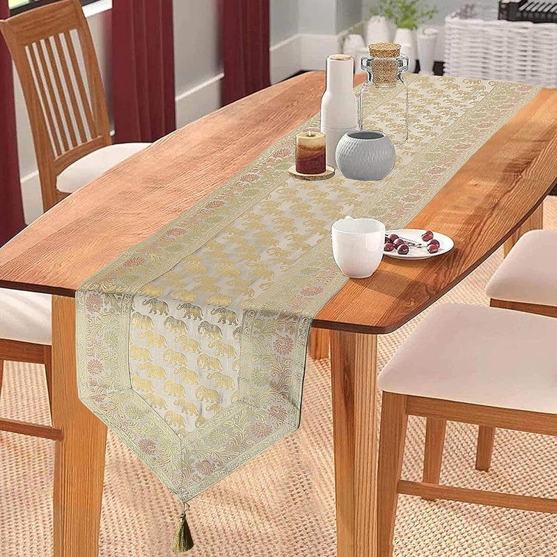 E - Ezra EEZRA Brocade Silk Table Runner for Living Room 4 to 6 Seater Dinning Table V Shape Runner Elephant End Tassels 80 by 14 Inch Grey - Image 1
