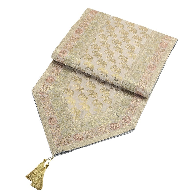 E - Ezra EEZRA Brocade Silk Table Runner for Living Room 4 to 6 Seater Dinning Table V Shape Runner Elephant End Tassels 80 by 14 Inch Grey - Image 5