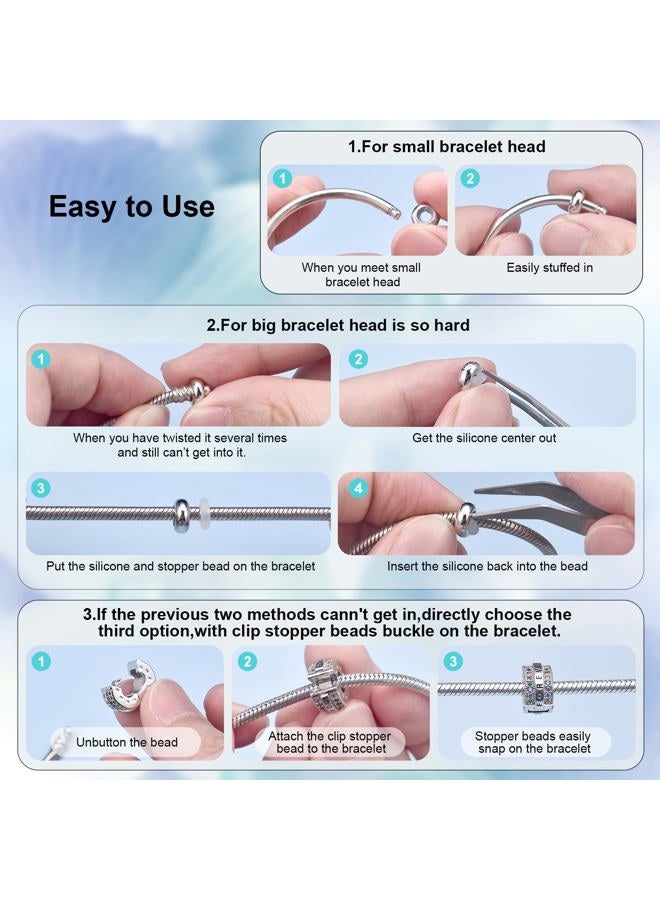 DALARAN 4pcs Sterling Silver Charm Stoppers Fit Pandora Charms Bracelet Bangle (Silver-4pcs) - Image 3