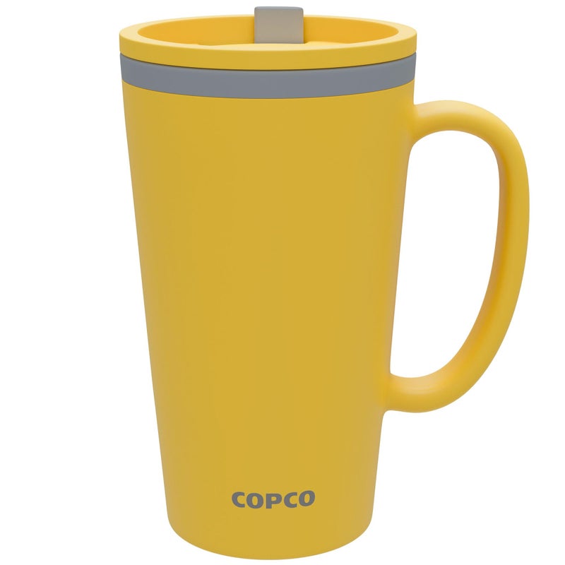 Copco Cone 16oz Insulated Travel Mug with Handle  Double Wall  Slide-Closure Lid  BPA-Free  Microwave & Dishwasher Safe  Reusable Plastic Travel Coffee Tumbler - Portable Coffee Cup (Mustard) - Image 1