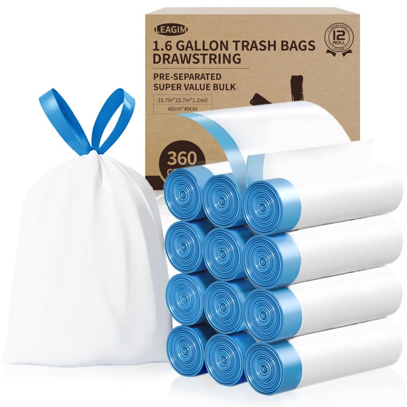 LEAGIM Small Trash Bags 1.6 Gallon, 360 Count -1.2 Mil Drawstring Mini Garbage Bags, White Plastic Trash Can Liners for Bathroom Accessories, 6 Liter, Bedroom, Dorm Room Essentials, Office - Image 1