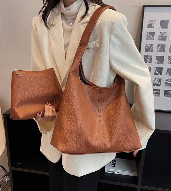 Caistre Slouchy Hobo Bags for Women Retro Vegan Leather Purse Luxury Designer Shoulder Bag Fashion Shopping Tote Bag 2pcs - Image 2
