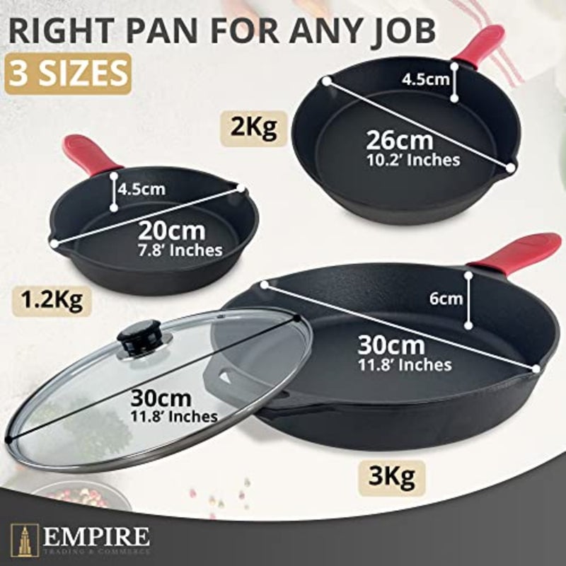 Empire Pre-Seasoned Skillet Set of 3 11.8″, 10.2″ and 7.8″ Pans with Silicone Handle Grips, Oil Brush and Scraper Heavy‑Duty Nonstick Frying Pans, Oven, Stovetop and Grill Safe - Image 3