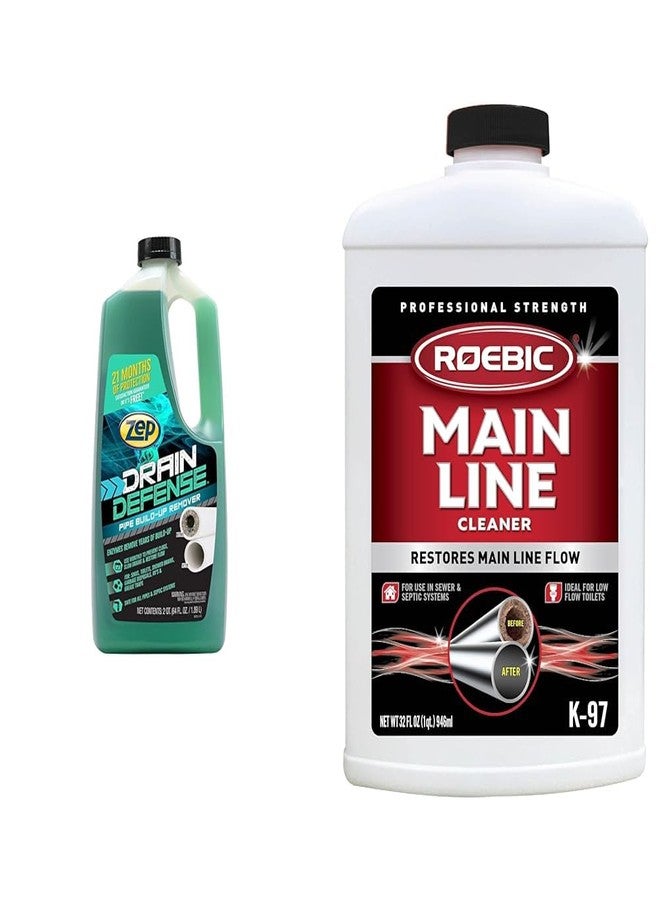 Zep Drain Defense Pipe Build-Up Remover - 64 Ounces - ZLDC648 - Professional Strength Liquid Pipe Build Up Remover,GREEN & Roebic K-97 Main Line Cleaner, Exclusive Bacteria Digests Paper, Fats - Image 1