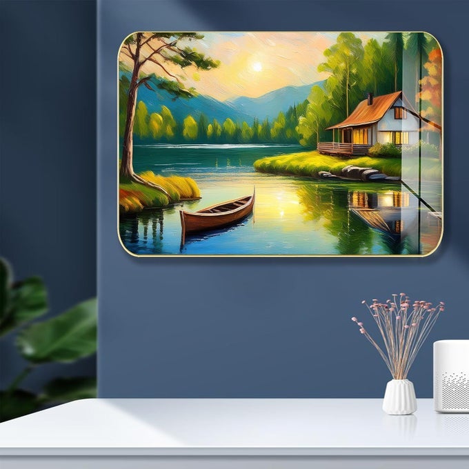 PREMIUM CRYSTAL NATURAL SCENERY HIGH GLOSS SURFACE GOLDEN SLIM FRAME 45X30 CM WALL ART FOR LIVING ROOM BEDROOM AND OFFICE DCOR