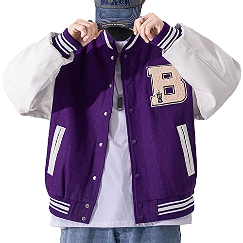 Moshtashio Mens Varsity College Jacket Baseball Bomber Jacket Vintage Sweatshirt Casual Unisex Streetwear Coats with Patch (Purple, Small) - Image 1