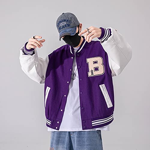 Moshtashio Mens Varsity College Jacket Baseball Bomber Jacket Vintage Sweatshirt Casual Unisex Streetwear Coats with Patch (Purple, Small) - Image 3