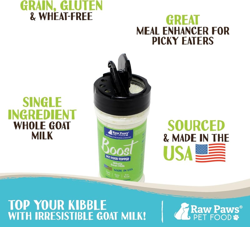 Raw Paws Boost Pet Food Topper Whole Goat Milk Powder, 3.1-oz - Made in USA, Dog Food Toppers for Dry Food - Cat Food Toppers, Dog Food Topper Powder, Dog Food Flavor Topper, Goat Milk Gravy for Cats - Image 1