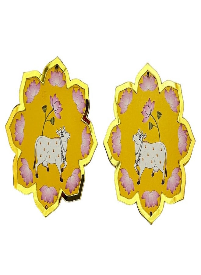 meryCraft Set of 2 Golden Frame Cow Flower Wooden Cutout Festive DIY Craft Material Kit. Decoration for Diwali, Dashera, Rangoli,Pooja, Wedding-(MCI-MDF-WDN-007) - Image 1
