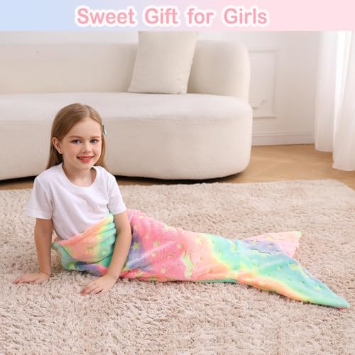 Viviland Kids Mermaid Tail Blanket - Mermaid Tail Blankets Glow in The Dark - Flannel Mermaid Blanket Gifts for Girls - Luminous Unicorn Super Soft Tie Dye Girls - Multicolor Unicorn 17"×39" - Image 5