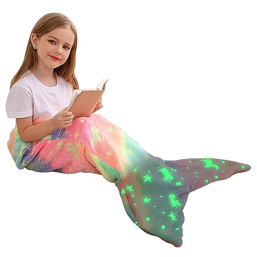 Viviland Kids Mermaid Tail Blanket - Mermaid Tail Blankets Glow in The Dark - Flannel Mermaid Blanket Gifts for Girls - Luminous Unicorn Super Soft Tie Dye Girls - Multicolor Unicorn 17"×39" - Image 1