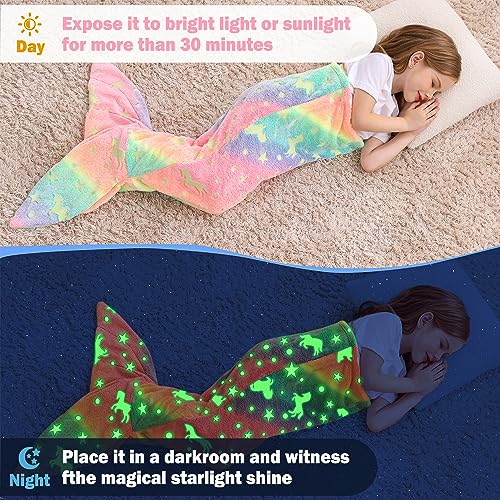 Viviland Kids Mermaid Tail Blanket - Mermaid Tail Blankets Glow in The Dark - Flannel Mermaid Blanket Gifts for Girls - Luminous Unicorn Super Soft Tie Dye Girls - Multicolor Unicorn 17"×39" - Image 2