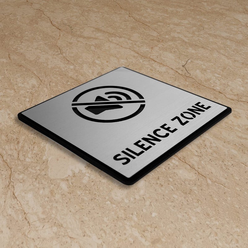 Vertical Root Inc ® Premium Brush Finish Square Silver Acrylic Silence Zone Door Sign Easy to Mount 3M Self-Adhesive Tape 5.8 Inch Signage for Office Corporate Hospital Business - Image 2