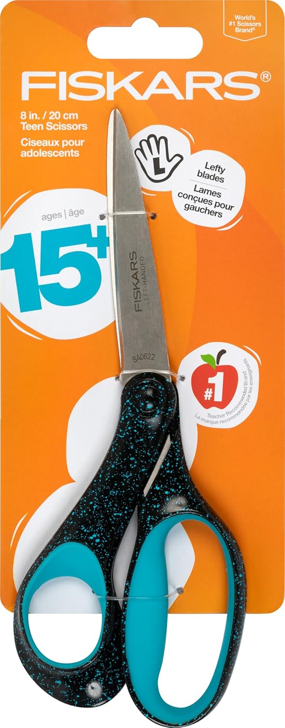 Fiskars مقص فيسكارس 8 لليد اليسرى مع مقبض ناعم للمراهقين للأعمار من 15 مقص للمدرسة أو الحرف اليدوية لوازم العودة إلى المدرسة مزخرف بالأزرق - Image 1