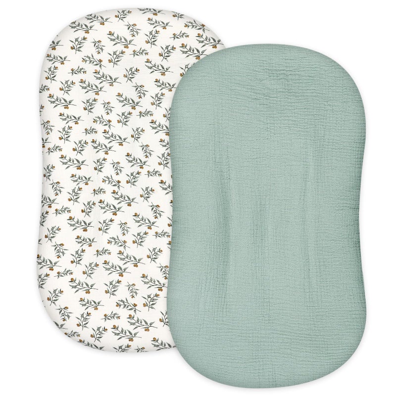 Hooyax Muslin Baby Lounger Cover 2 Pack, Organic Removable Lounger Slipcover for Newborn, Baby Padded Lounger Infant Floor Seat Covers for Boys Girls (Light Green & Leaf) - Image 1