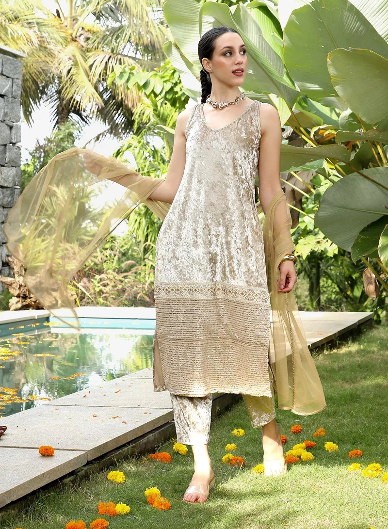 QISSA Women's Velvet-Gleam Kurta Set For Ethnic Wear | V-Neck, Sleeveless | Embroiderd-Block Textured Woven Fabric | 3 Piece Kurta Set Designed For Evening & Party Wear | Saltbox Beige