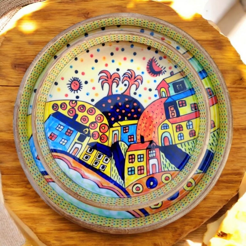 MADARKS Hand-Enamelled MDF Serving Trays - Whimsical Townscape Design (Set of 2, 9-inch & 7-inch) | - Image 3