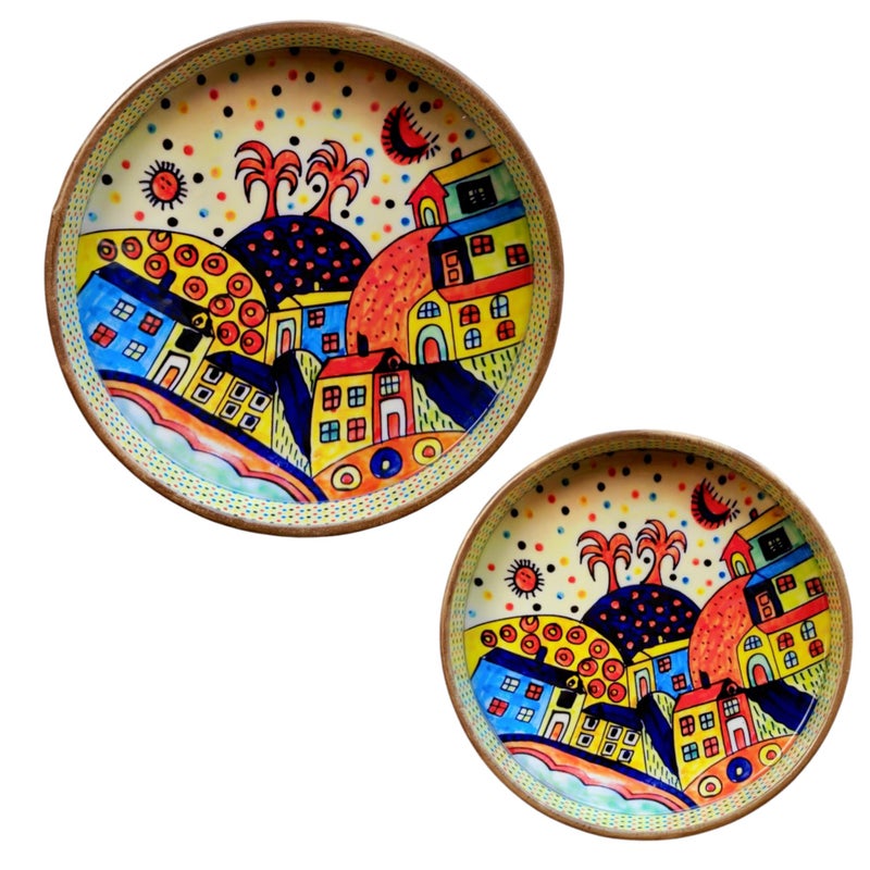 MADARKS Hand-Enamelled MDF Serving Trays - Whimsical Townscape Design (Set of 2, 9-inch & 7-inch) | - Image 2