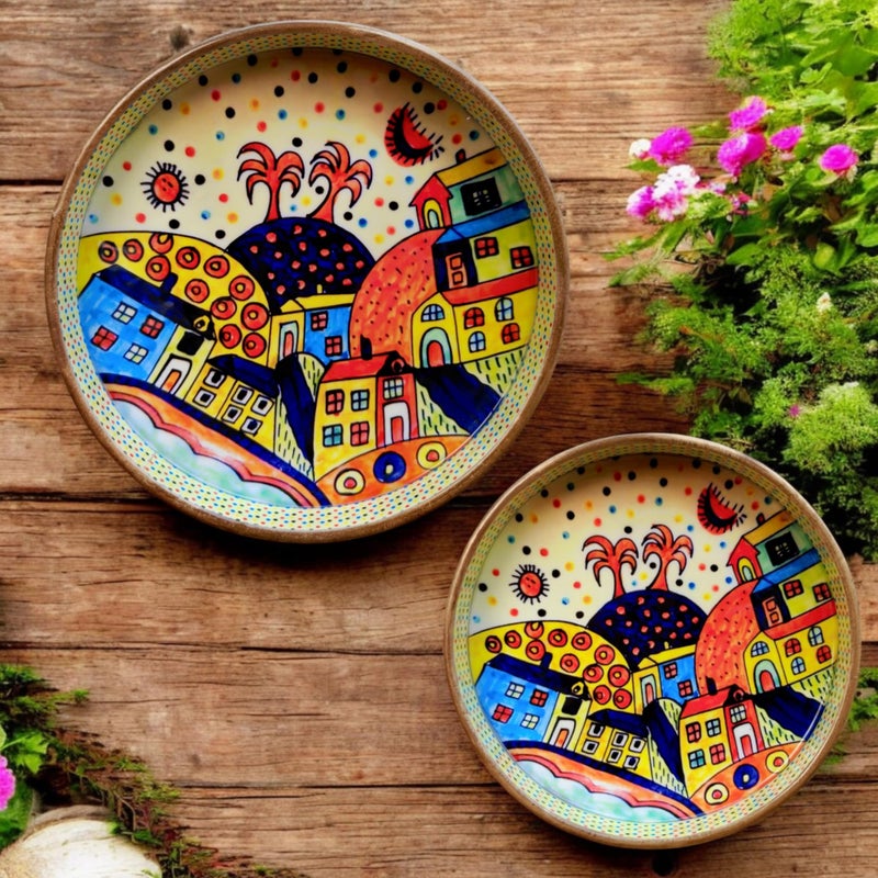 MADARKS Hand-Enamelled MDF Serving Trays - Whimsical Townscape Design (Set of 2, 9-inch & 7-inch) | - Image 1