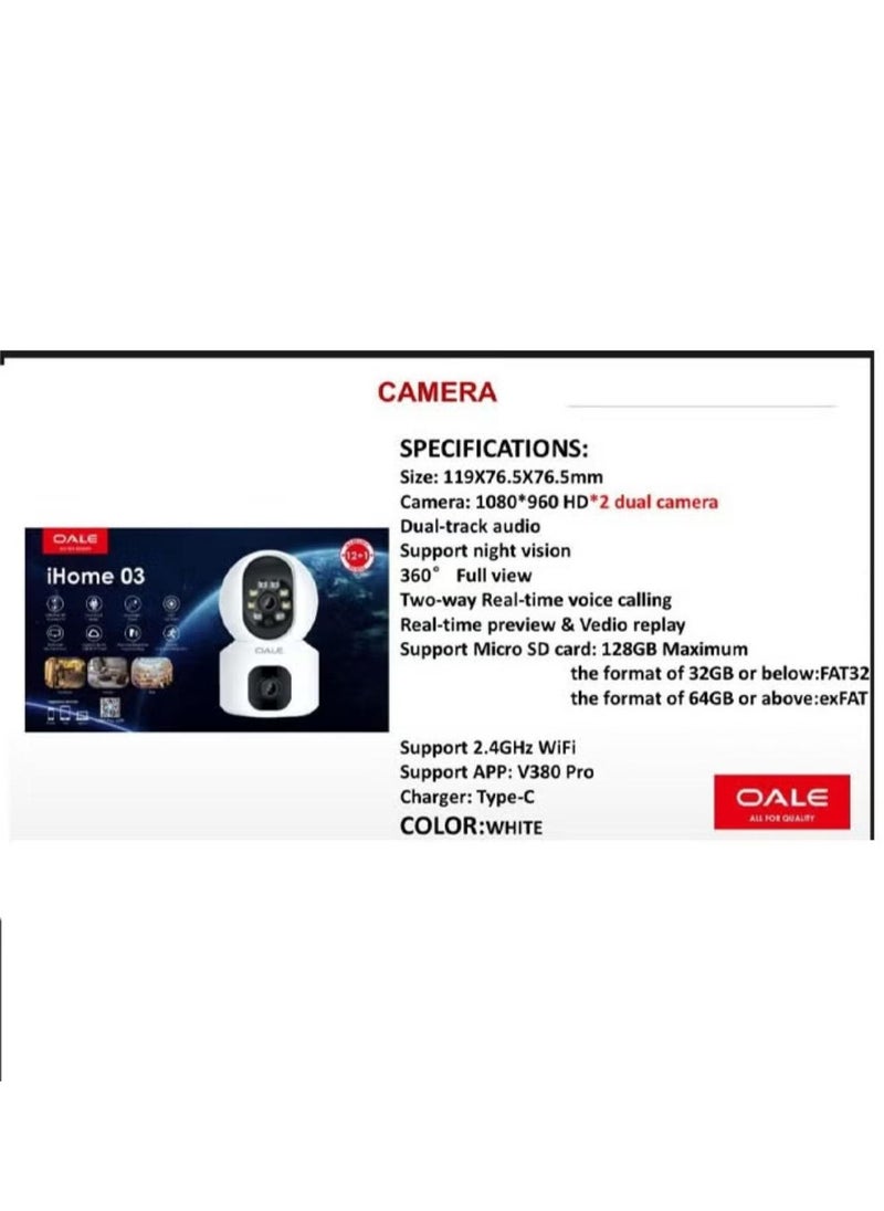 OALE iHome 03 Security Camera Dual Track Audio Support Night Vision Motion Detect Security Camera 360 Full View Two Way Real Time Voice Calling Camera White  - Image 2