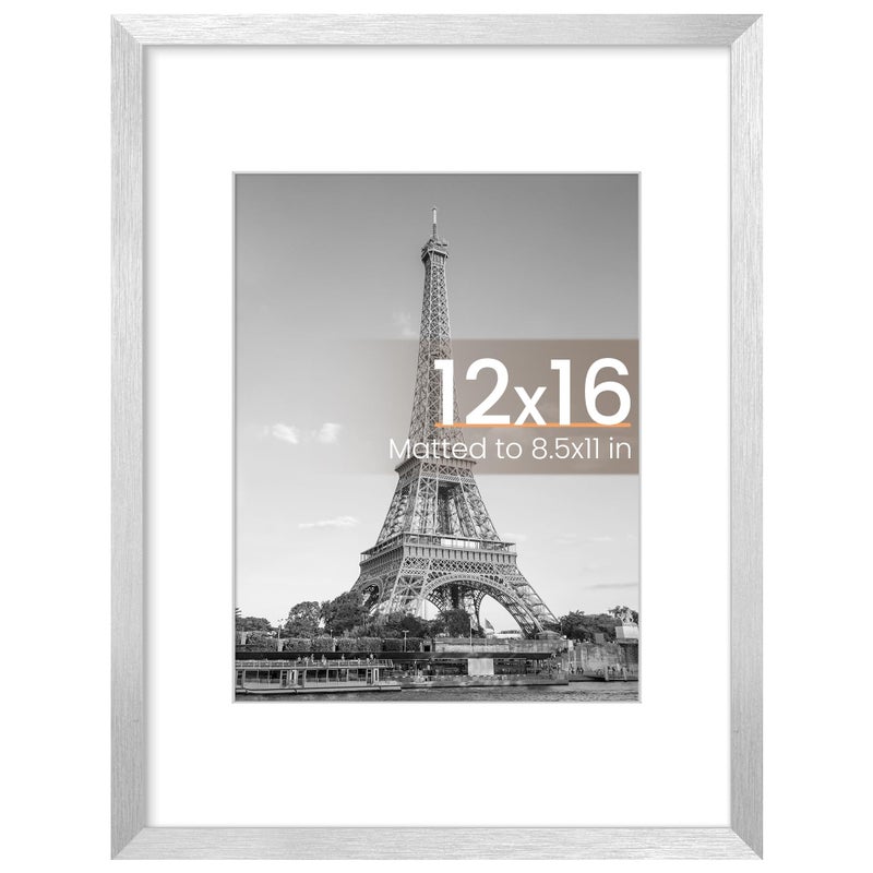 upsimples 12x16 Picture Frame, Display Pictures 8.5x11 with Mat or 12 x 16 Without, Wall Hanging Poster Frames, Silver, 1 Pack - Image 1
